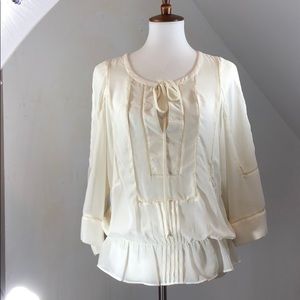 Blouson top, peplum. semi sheer, tie, full sleeves